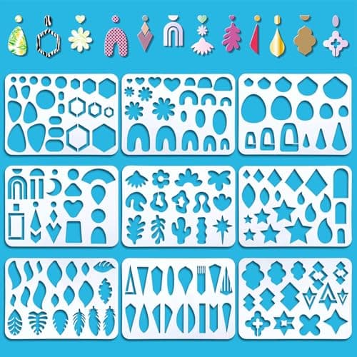 ORIGACH 9 Pcs Jewelry Making Template 117x83 inch Reusable Leather Earring Stencils with Tear Drop Leaves Flower Cabochon and Star Patterns for Bracelet Necklace Making Jewelry Crafts