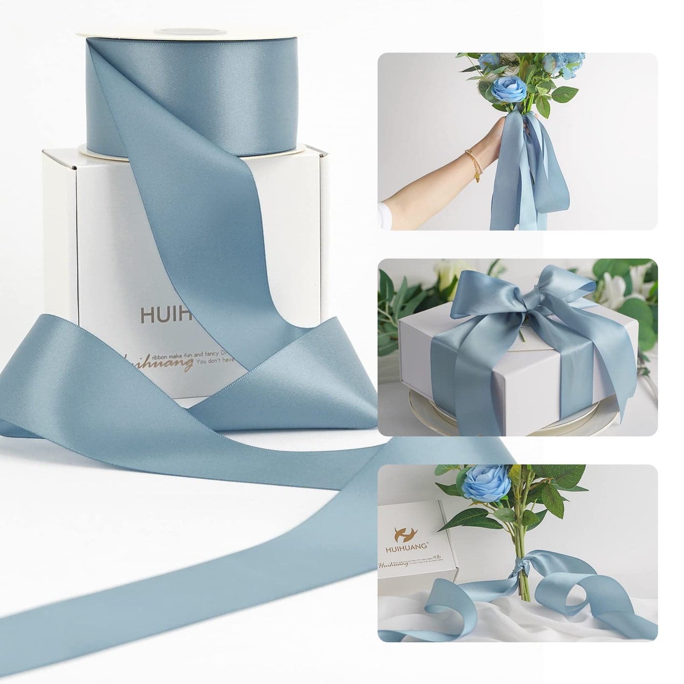 HUIHUANG Dusty Blue 2 inch Wide Double Face Satin Polyester Ribbon for Wedding Baby Shower Christmas Birthday Valentines Day 25 YardsRoll