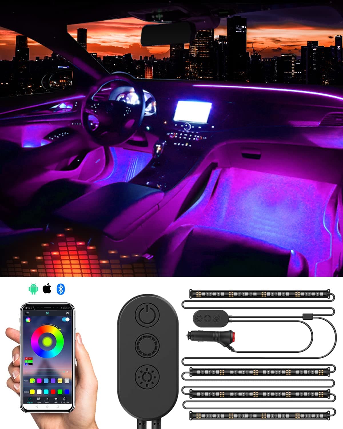 SUNPIE Car LED Lights Interior, RGB Universal LED Strip Smart Lighting w/Multi-Color App Control Waterproof LED Atmosphere Car Lights w/48 LED Chip 8.8ft Length and DC 12V Car Charger Sync to Music