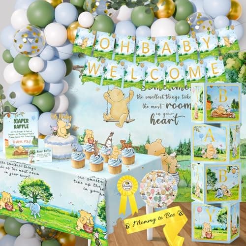 154 PCS Blue Winnie Baby Shower Decorations Kit Vintage Winnie Party Supplies Decorations Allin1Balloon Garland Arch Backdrop Tablecloth Cake Topper Banner Box Decorations for Boy Baby Shower