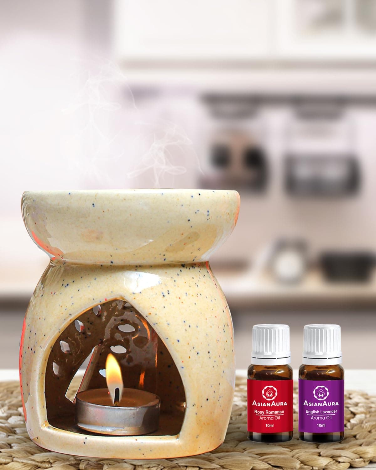 Asian Aura Ceramic T-Light Candle Diffuser| Aromatherapy Bliss with 2 10 ml Aroma Oil Fragrance Rosy Romance & English Lavender 1 Tea Light Candle|Aroma Oil Burner |Home Fragrance |Home Decor| Brown