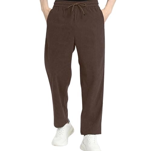 SWADESI STUFF Men's Corduroy Track Pants | Self Design, Mid-Rise Fit, Flexi Waistband - Retro-Inspired Straight Fit Lounge & Casual Wear (in, Alpha, L, Standard, Brown)