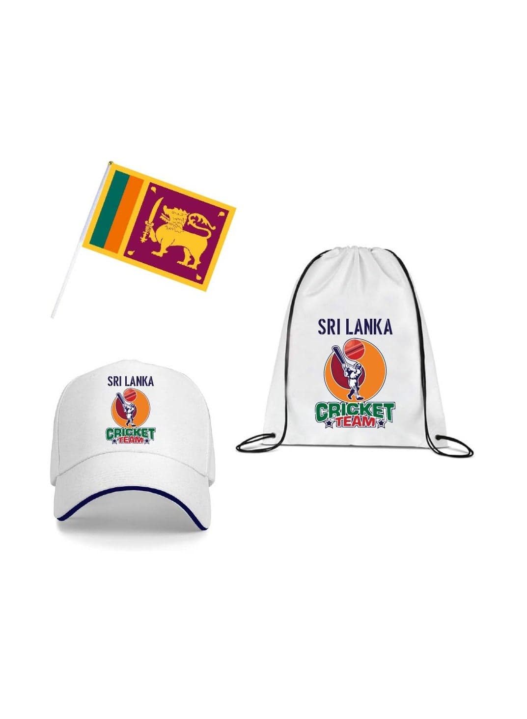 Sri Lanka Sports Fans Combo Pack - Pack of 3 - Drawstring Bag, Hand Flag and Cap - Sri Lanka Sports Enthusiasts Combo Pack - Ideal for Sports Matches and Events