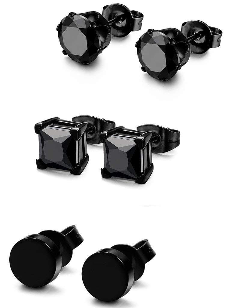 FIBO STEEL 3 Pairs Stainless Steel Black Stud Earrings for Men Women Hypoallergenic Mens Earrings Stud Set, Black Square Round Diamond CZ Pierced 7mm