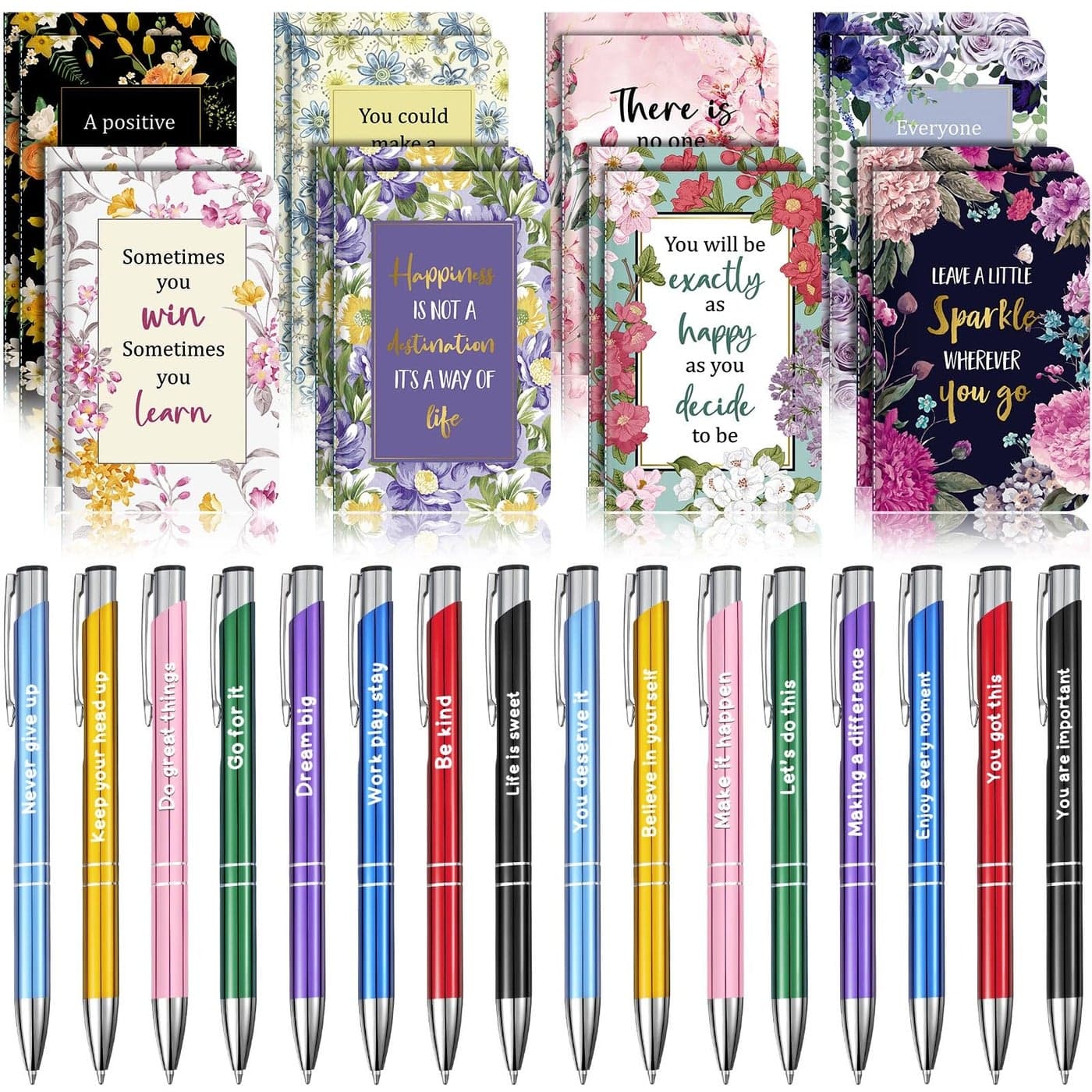 Funrous 32 Pcs Motivational Quote Pens Inspirational Notepads Mini Journal with Ballpoint Pen Small Notebooks Gift Set for Men Women Coworkers Adult Party Favors Prizes Gift BulkMotivational