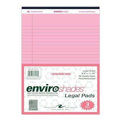 ROARING SPRING Enviroshades Recycled Colored Legal Pads, Pink, 3 Pack, 8.5" x 11", Legal Ruled, 50 Sheets Per Pad, 15 lb Perforated Paper, Made in USA