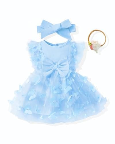 Renotemy Newborn Baby Girl Tulle Tutu Dress Blue Butterfly Sleeveless Boho Fairy Baptism Princess Wedding Birthday Party Dresses for Baby Girls with Flower Headband 3-6 Months