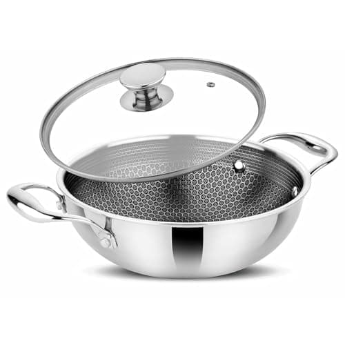 Prabha Hexa Triply Kadai with Glass Lid 2.2 litres 22cm | Cookware Kadai Set with Matt | Induction Base Kadhai for Cooking/Deep Frying | Non-Stick Kadhai Steel | 2 Year Warranty | BIS Certified