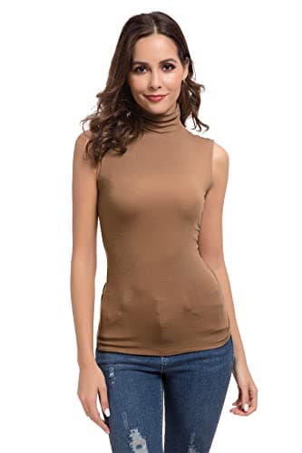 Womens Mock Turtleneck Sleeveless Stretch Fitted Underscrubs Layer Tank Tee Tops (M, Coffee)