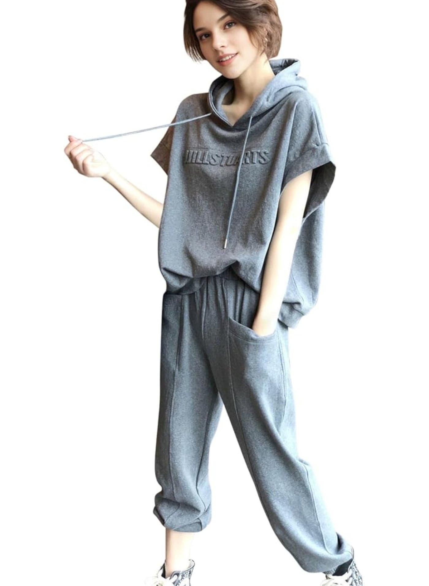 Women's Two-Piece Casual Suit with Wide Leg Pants – Grey, Size M