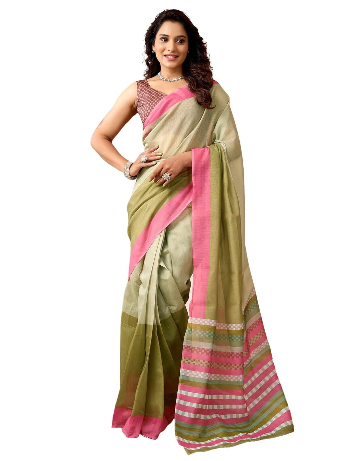 Satrani Women's Cotton Chanderi One Minute Pre Stitched Printed Ready To Wear Saree With Attached pocket & Unstitched Blouse Piece (47RS434N_Green & Pink)