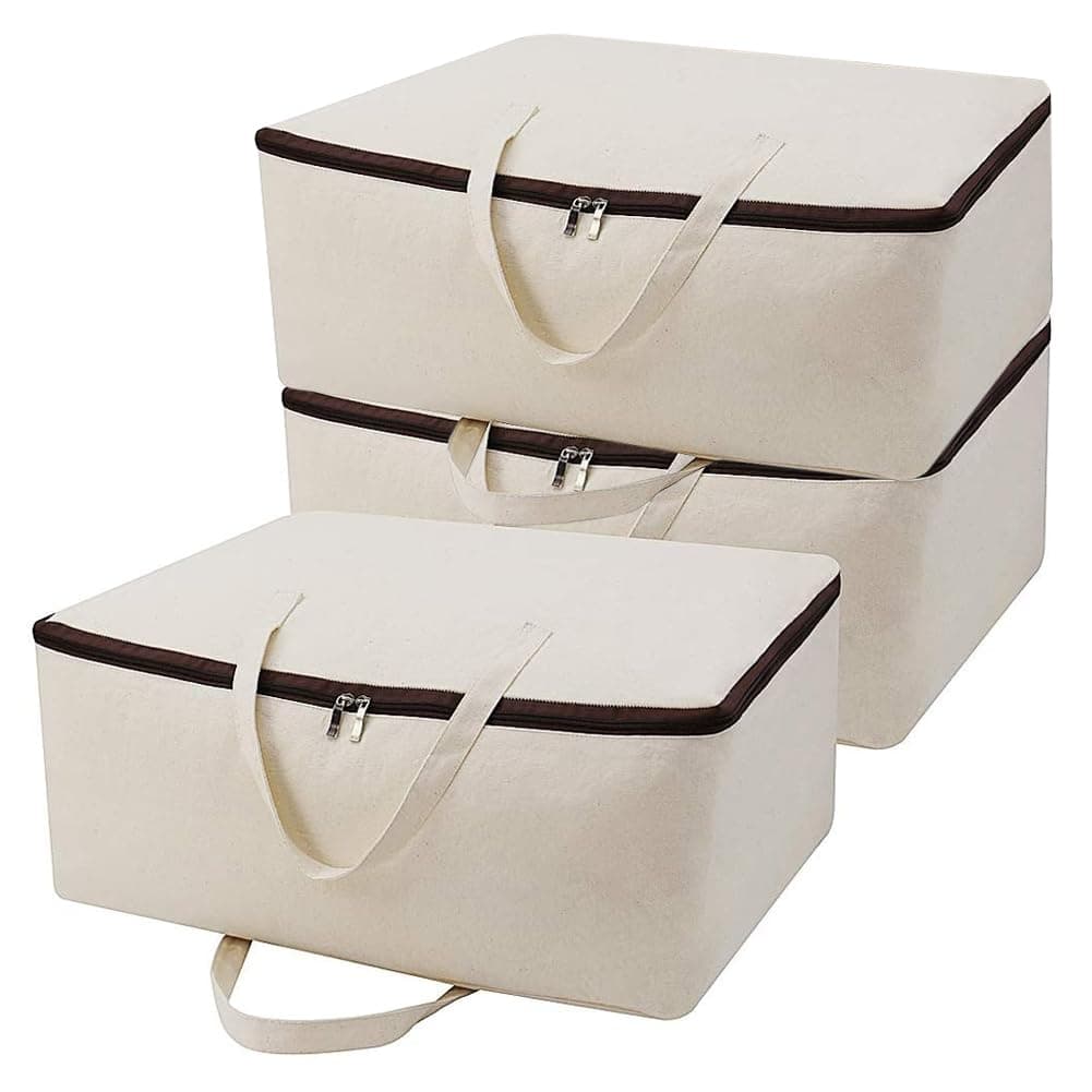 Breathable Canvas Cotton Soft Storage Bags with Handles 3side Zip Good for Cotton Clothes Bedding Organizer Bins Beige 3pcs