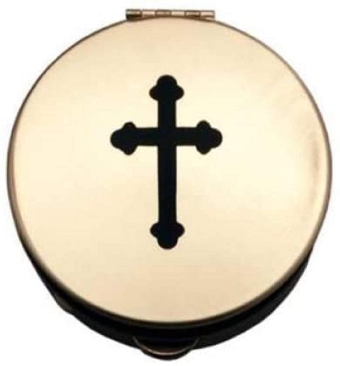 Pyx With Black Cross (PS161) - 1 1/2" Diameter, 1/2" Deep, Polished Brass, Holds 6-9 Hosts