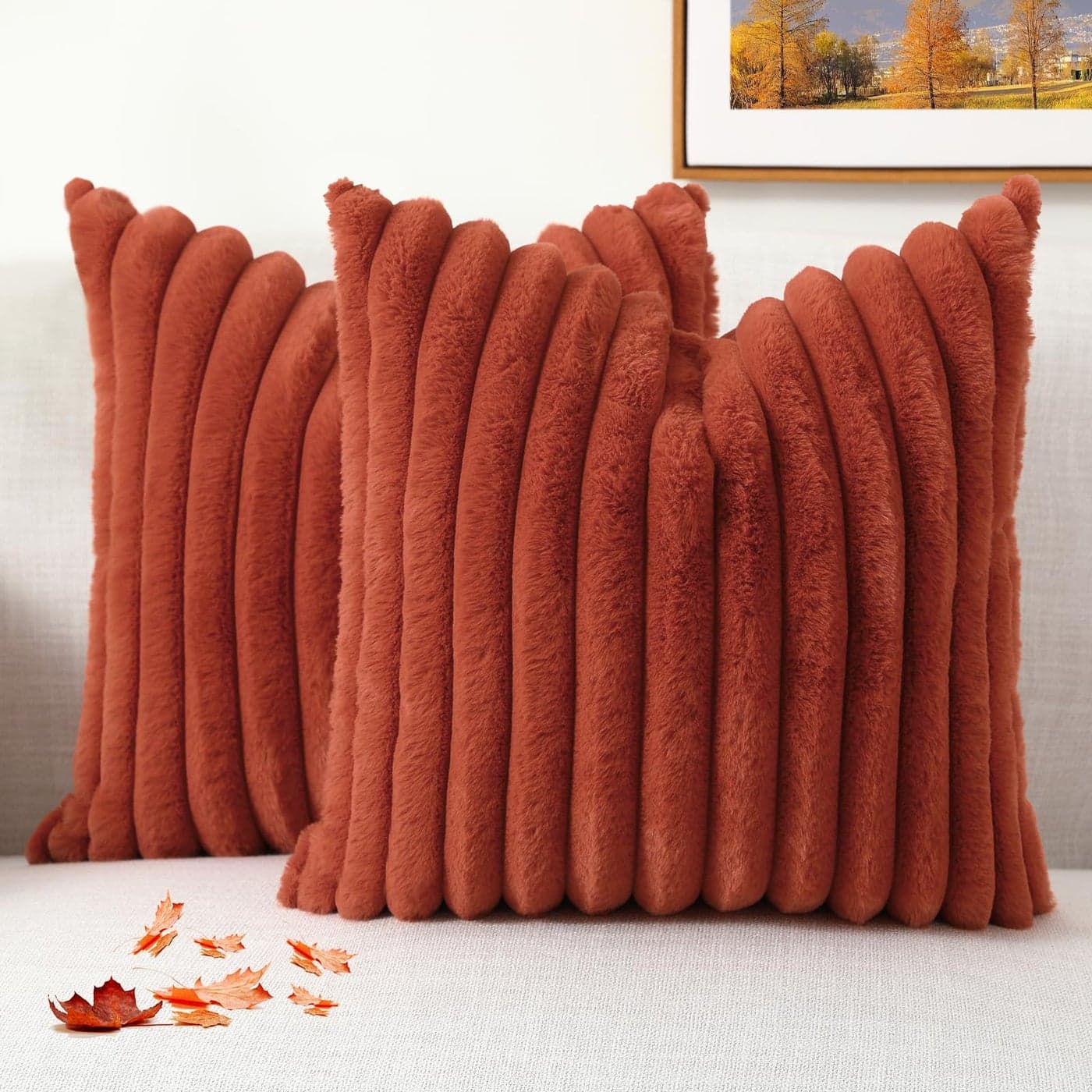 decorUhome Faux Fur Fall Throw Pillow Covers 20x20 Set of 2 Decorative Soft Plush Striped Neutral Couch Euro Pillow Covers with Velvet Back for Sofa Bed Living Room Home Decor Rust