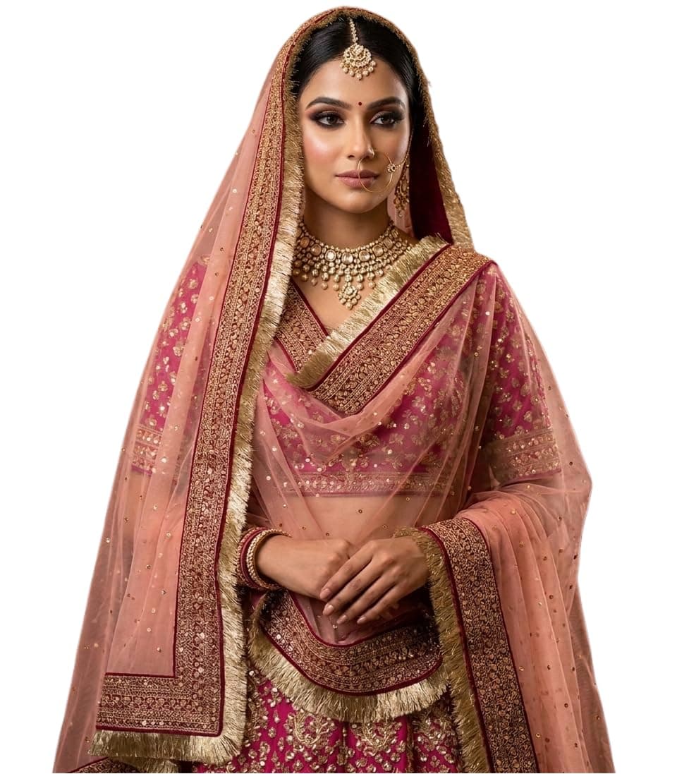 Navti Creations Women's Katrina Kaif's Marriage's Heavy Peach Net Dupatta With Magenta Pink Border (4 side Golden Kiran frill, 2.25m), Free Size