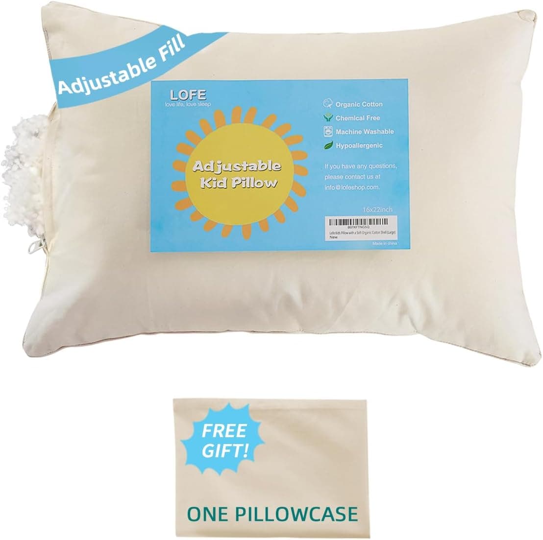 LOFE Organic Kids Pillow with Pillowcase 16x22 Youth Pillow with 100 Organic Cotton Shell Adjustable Loft Organic plilow Machine Washable Soft Perfect for KidsYouthChildren