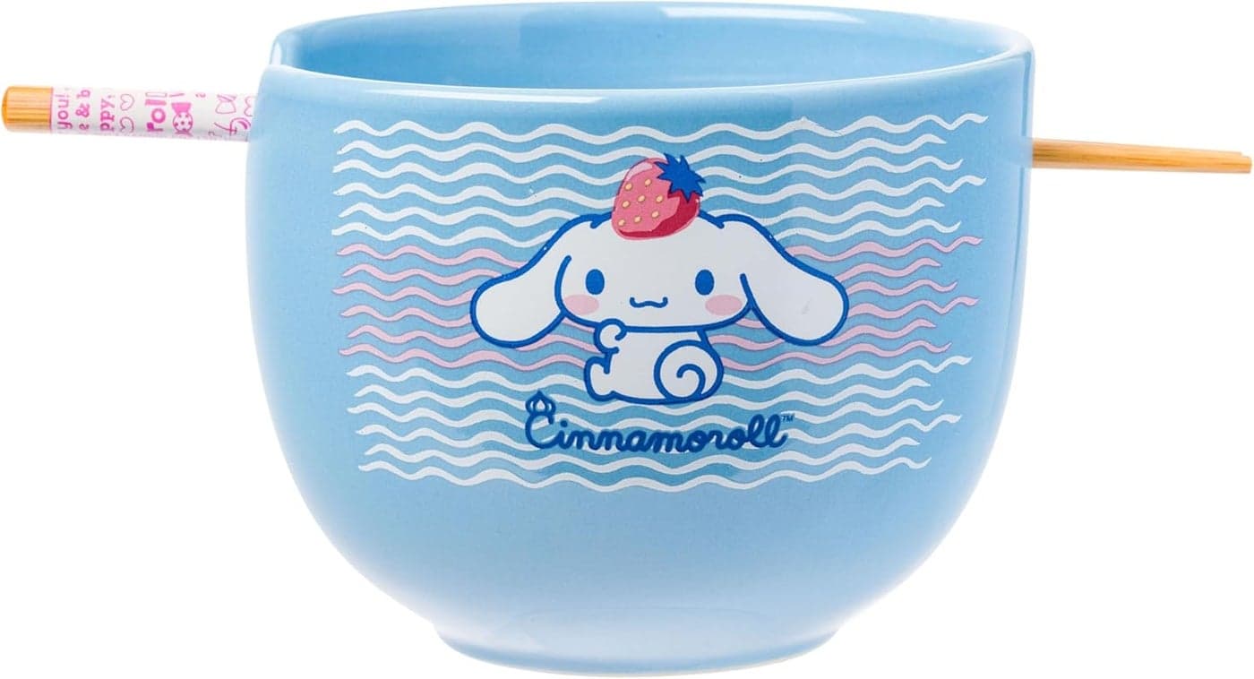 Silver Buffalo Hello Kitty and Friends Cinnamoroll Strawberry Ceramic Ramen Noodle Rice Bowl with Chopsticks Microwave Safe 20 Ounces