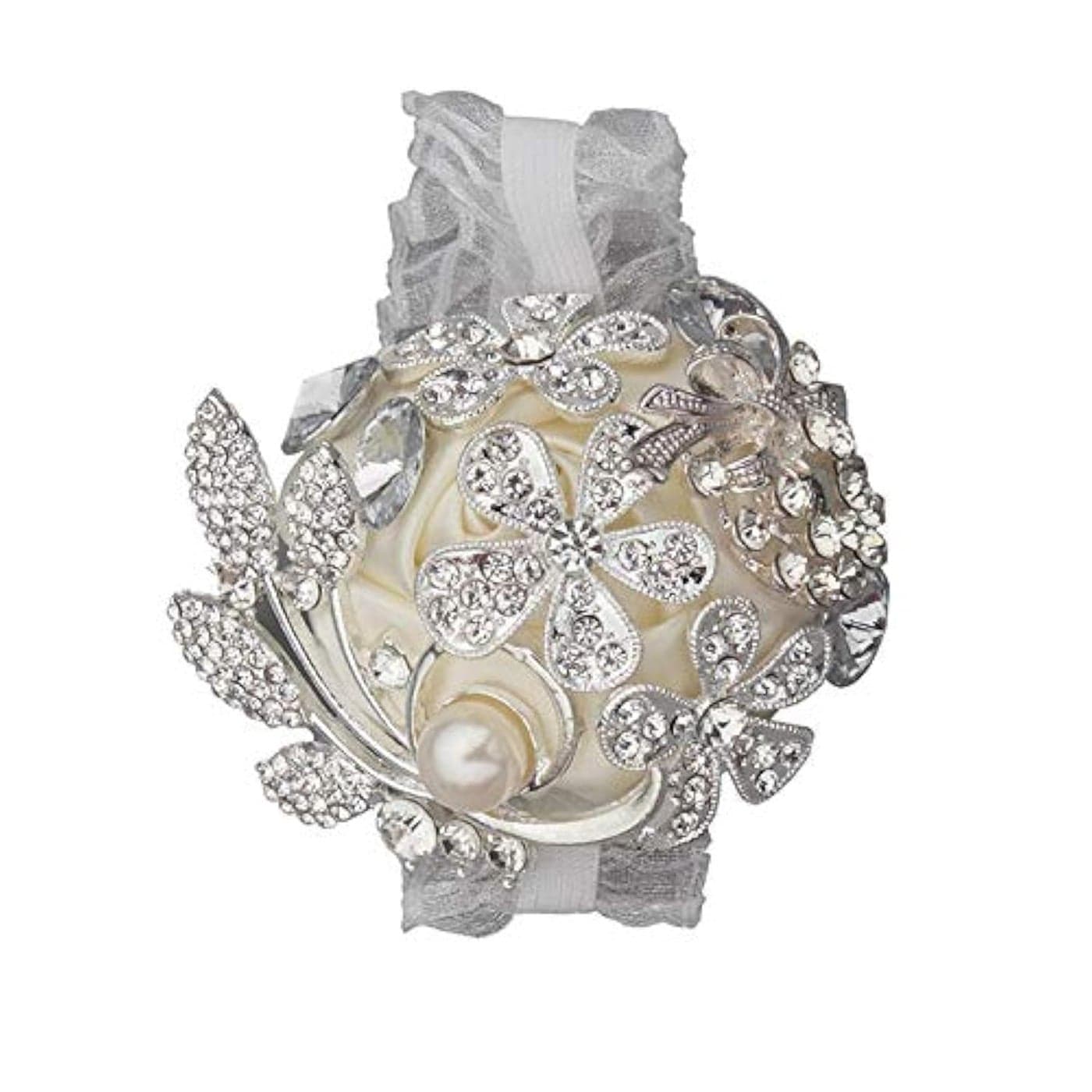 DOTKV Artificial Wrist Silk Flower Boutonniere Wrist Bouquet Corsage Flower with Peal and Diamond for Wedding DecorCocktail Party 1pcs SilverIvory_Wrist