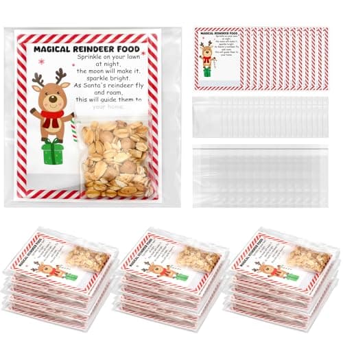 Clabby 100 Sets Magical Reindeer Food Bags 16 x 2 Inches with Reindeer Food Labels and Selfadhesive Bags for Christmas Stocking Stuffers Cookies Candies Gifts Wrapping Holiday Party Favors