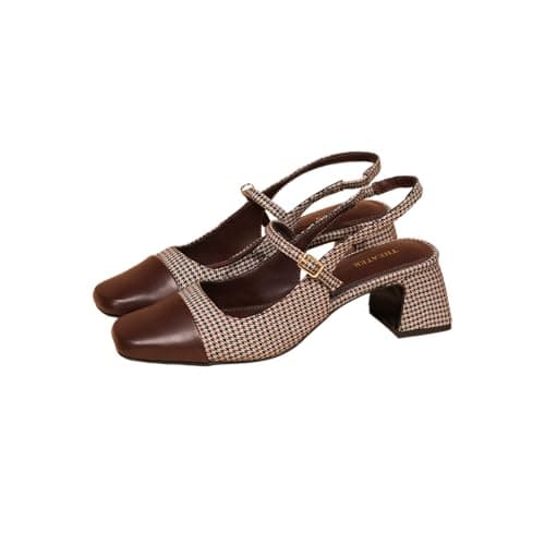 Theater Women Twiggy Brown Tweed Mary Jane Heels | Double Strap Square Toe Block Sandals | Stylish & Comfortable for Office & Casual Wear