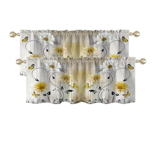 AAtter Yellow and White Floral Valances for Windows 2 Pack 52x18 Inch Rod Pocket Daisy Fabric Curtains for Kitchen Bathroom Farmhouse Rustic Window Treatments