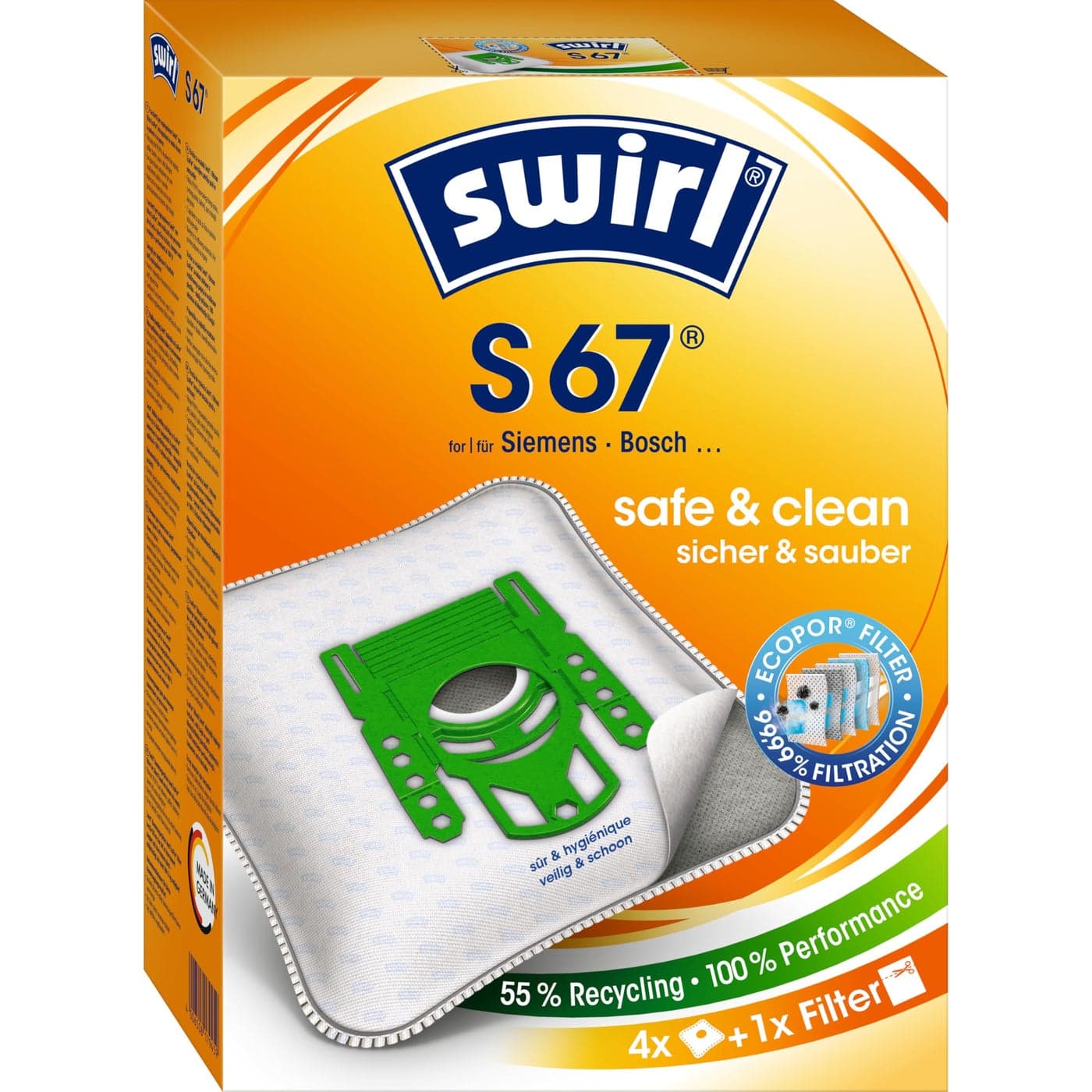 Swirl S 67 Vacuum Cleaner Bags Ideal For Pet Owners For Siemens Bosch Vacuum Cleaners Pack of 4 Bags 1 AntiAllergen Filter