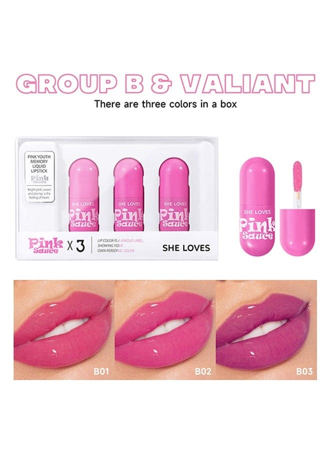 Pink Sauce*3-Pink Youth Memory Liquid Lipstick, Long Lasting Waterproof Non-Stick Cup Not-Fade Shiny High Gloss Lip Gloss Set #B