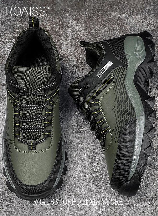 Men's Leather and Mesh Breathable Casual Shoes Lace-Up Low-Top Sneakers Comfortable Non-slip Durable Round-Toe Outdoor Hiking Shoes Everyday Wear Shock Proof Green