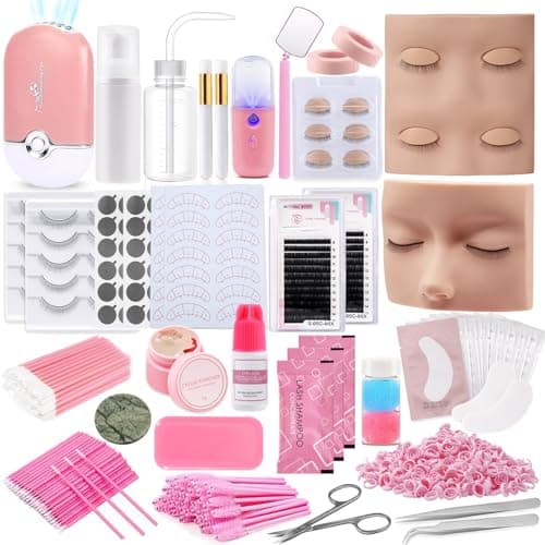 Pretty memory Eyelash Extension Kit for Beginners 343 Pcs Lash Extension Kit with Everything Includes 2 Mannequin Heads Facial Mister Tweezers Glue USB Fan for Practice Training