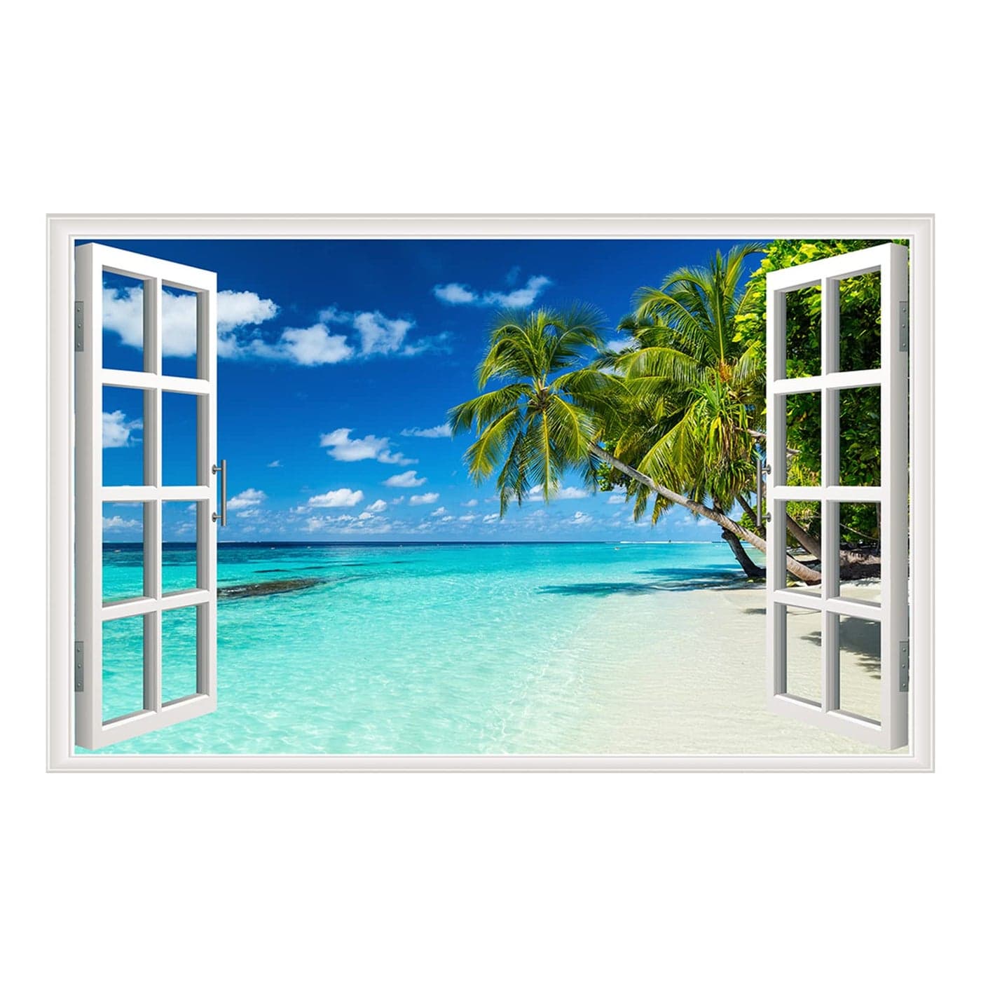Erllsino Beach Seascape Wall Sticker Tropical Beach Fake Window Wall Stickers Palm Trees Faux Window Wall Decal Removable Blue Sea Beach Landscape Window View Wall Mural for Living Room