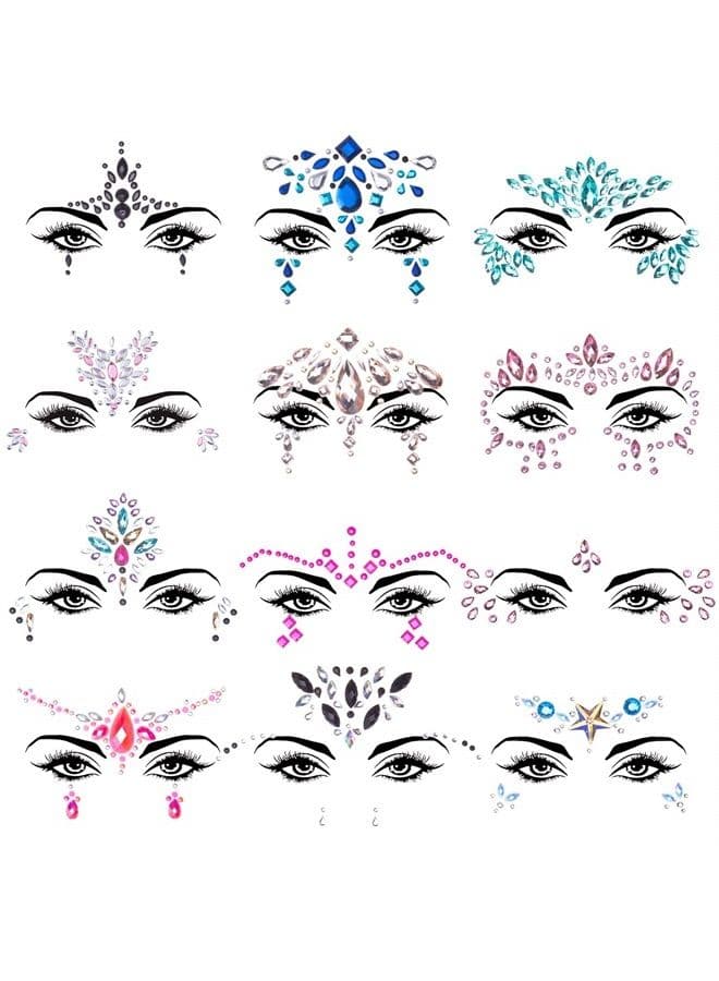 12 Sets Face Jewels Mermaid Face Gems Face Rhinestone Temporary Tattoos Crystal Tears Gems Stones for Race Carnival Festival Party