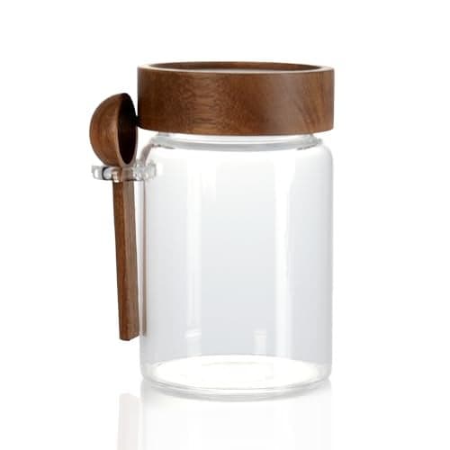 MOLADRI 15 oz/450 ml Glass Storage Canister with Airtight Wooden Lid, Clear Small Decorative Container Jar with Spoon for Salad Overnight Oats Snacks Yogurt Cereal Fruit Spice Sugar Coffee Candy Salt