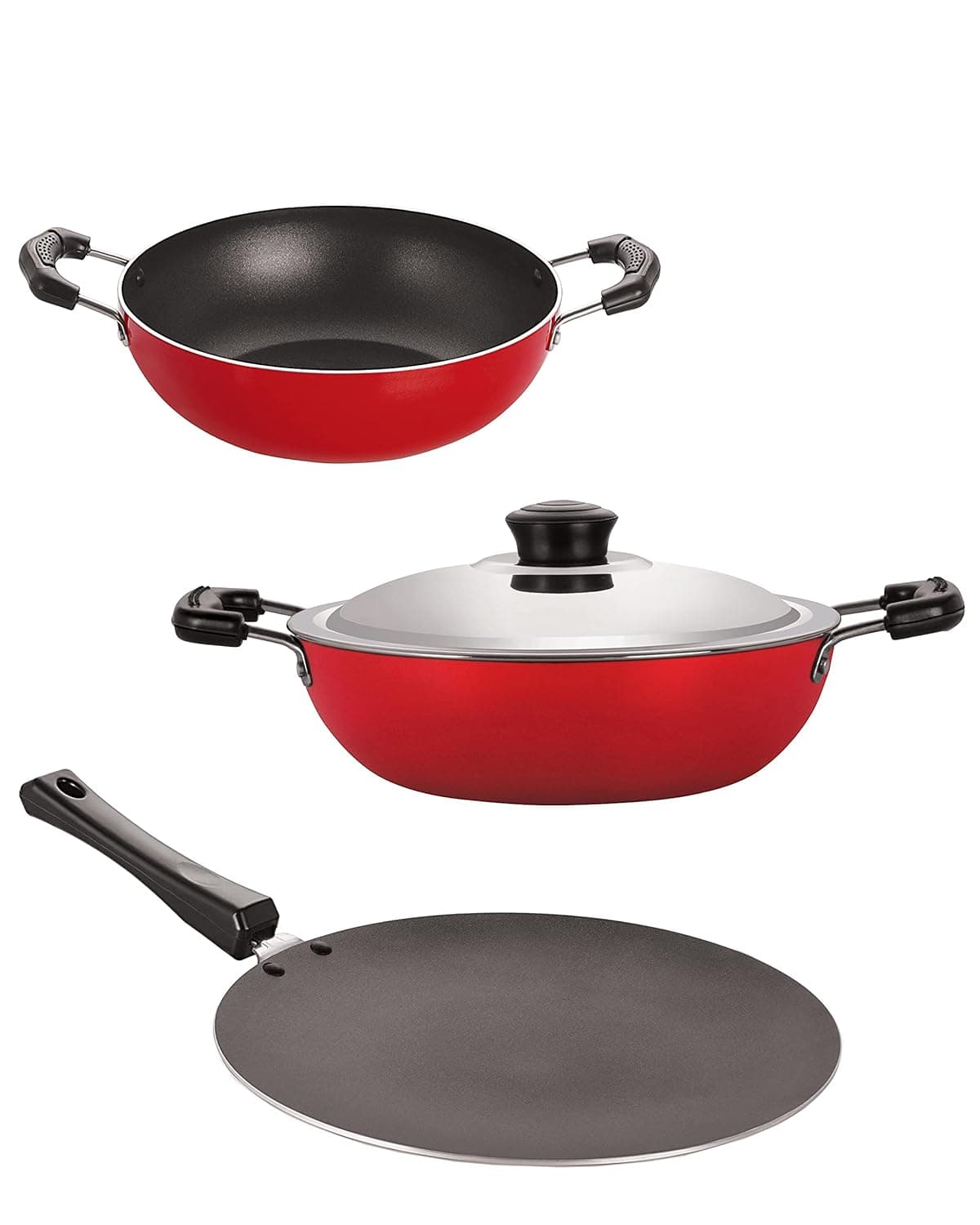 NIRLON Classic Range Non-Stick Cookware Silver Gift Set 3pcs - (Roti Tawa, Kadai & Deep Kadai) Red/Black (Aluminium)