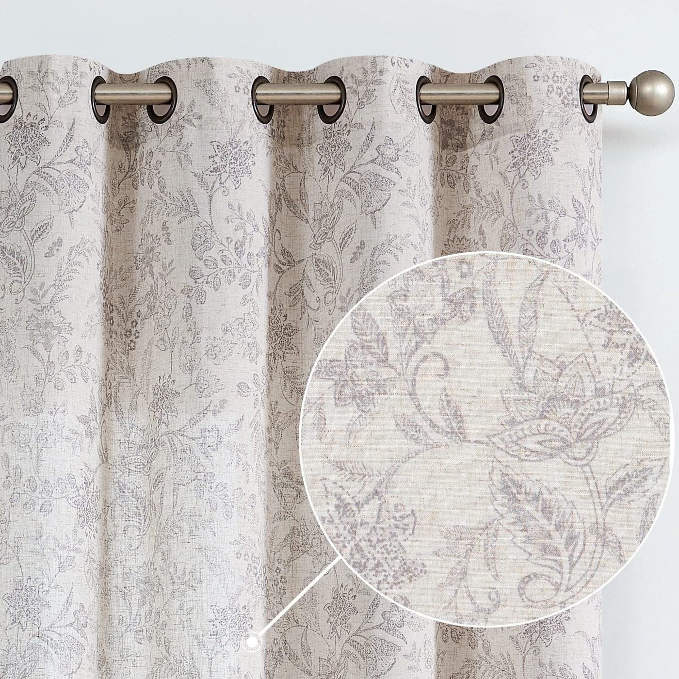 Lazzzy Linen Farmhouse Curtains for Living Room 96 Inch Length Floral Print Window Curtains Semi Sheer Drapes for Bedroom Country Light Filtering Curtain Grommet Top 2 Panels Purple Grey on Beige