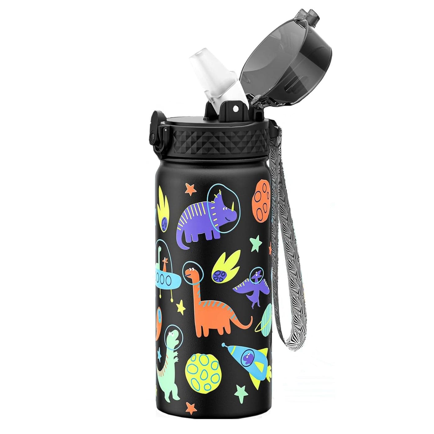 GOPPUS Kids Water Bottle Straw Lid 14 Oz Stainless Steel Travel Bottle Double Wall Vacuum Leak Proof Kids Cup for School Boys GirlsSpace dinosaur