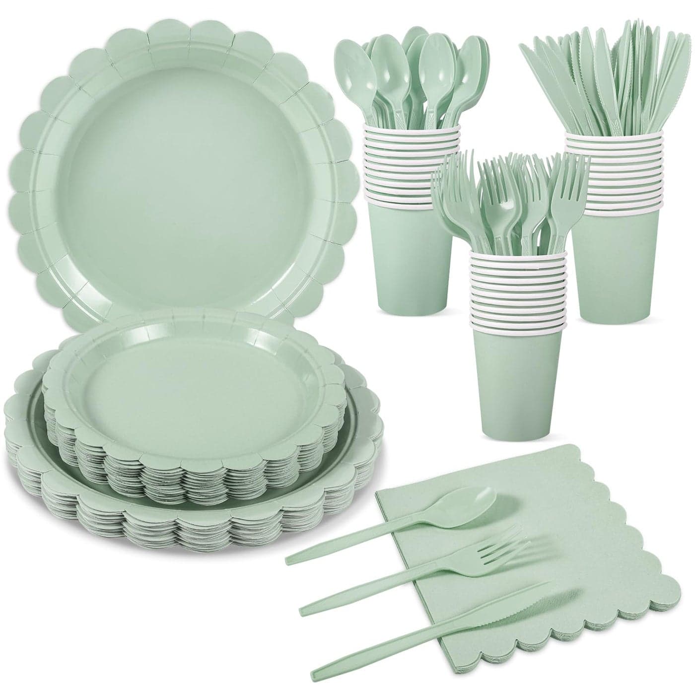 Xiangqu 175 Pcs Party Plates and Cups and Napkins Sets 9 Wedding Plates 7 Dessert Plate 9oz Cups Cutlery 25 Guest Scalloped Sage Green Party Supplies for Bridal Baby Shower Birthday