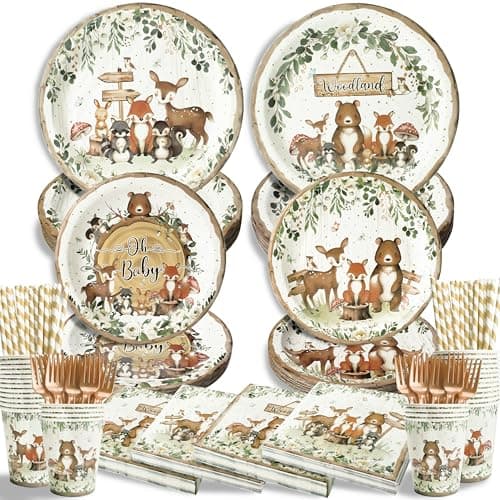 300Pcs Woodland Baby Shower Party Supplies Serves 50 Guests Safari Jungle Animal Party Decorations Include Plates and Napkins Cups Straws Forks