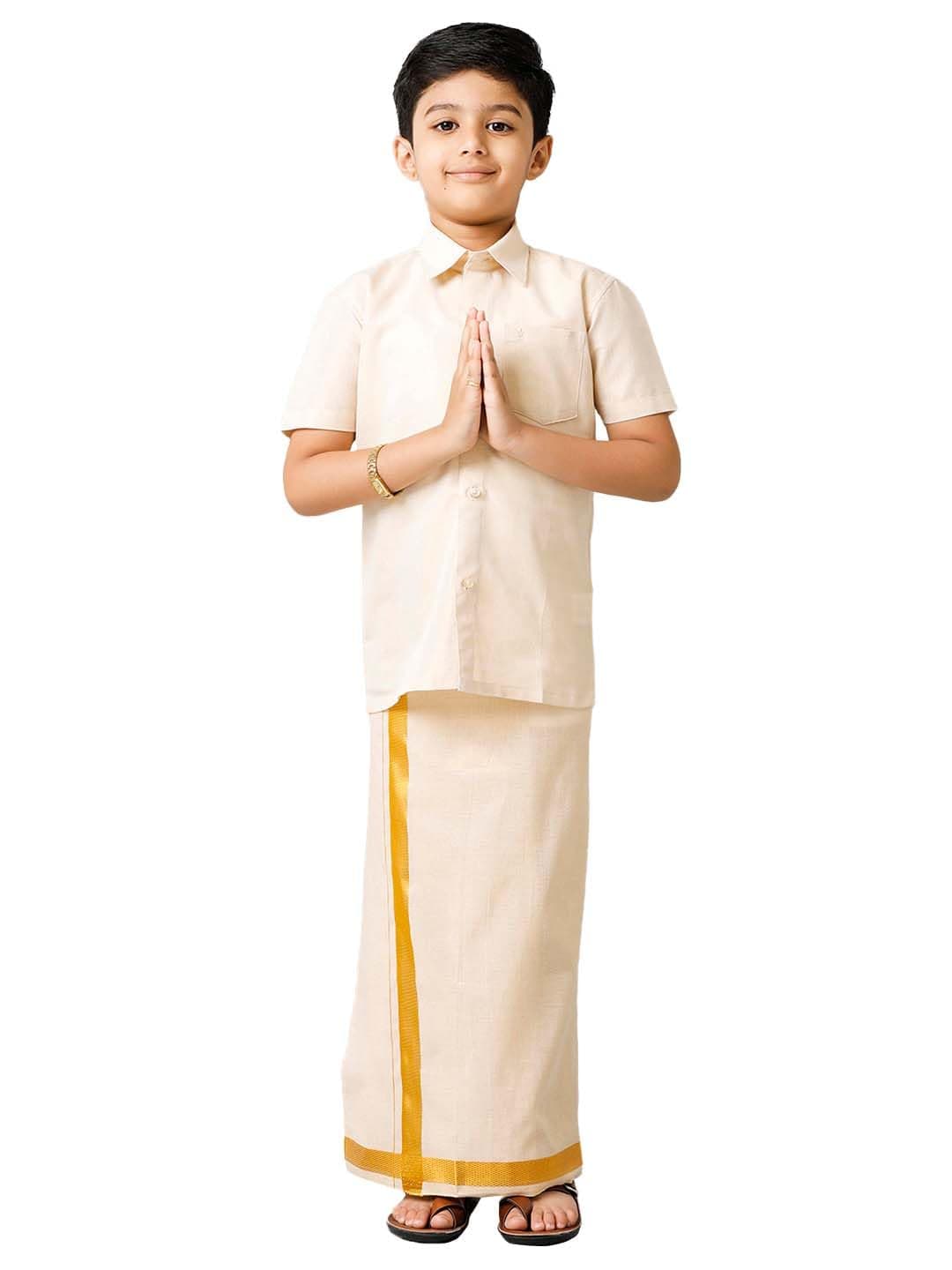 Ramraj Boys Tissue Jari Half Sleeve Shirt Dhoti Set Sankalpam Gold(13-14 Years)