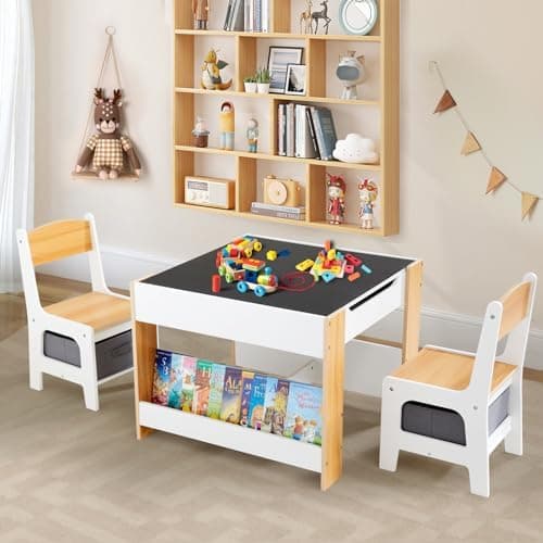 Asweets Kids Table and Chair Set4 in 1 Toddler Desk with Storage DrawerWooden Activity Table for 2 in 1 Detachable TabletopBookshelfSuitable for ClassroomHomeNurseryPlayroom Pure White