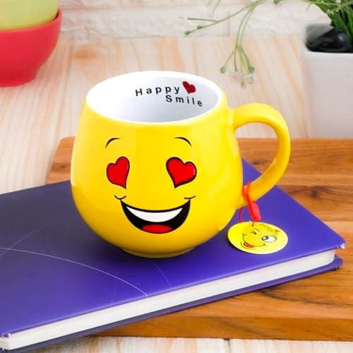 Femora Ceramic Coffee Mug Printed Smiley Emoji | 380 Ml | Drinkware for Home Office Kids Tea Milk | Gift for Loved Ones | Microwave and Dishwasher Safe (Smiley Face with Heart Eyes)