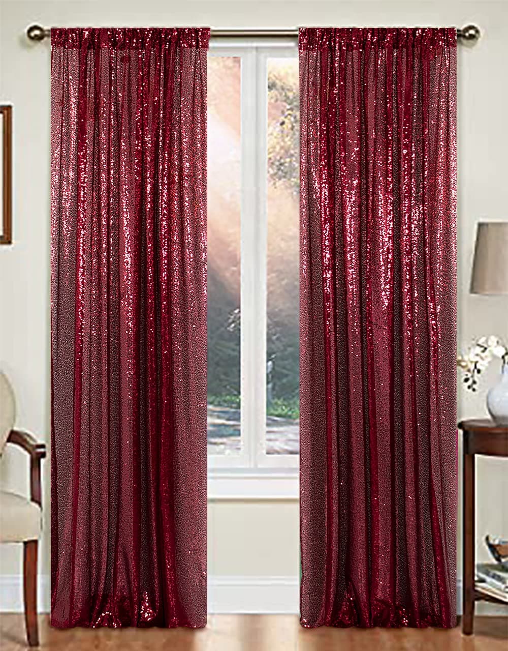 AMZLOKAE Sequin Curtains 2 Panels 2FTx8FT Burgundy Window Curtains Backdrop for Photography Party Christmas Decor Glitter Shower Curtain Wine Sparkle Backdrop