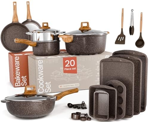 Bakken Master 20 Piece Cookware Set - Pots and Pans with Handle Grips and Tempered Glass Lids, With 6-piece Bakeware Set, Nonstick Granite Coating, Ceramic Max Temperature (Up To 500°F), Brown Marble