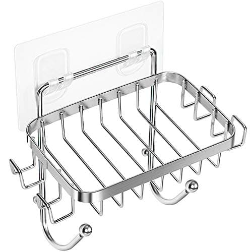 ODesign Soap Dish Holder SUS304 Stainless Steel with 6 Hooks Loofah Bath Sponge Towel Razor Holder for Bathroom Shower Kitchen Adhesive Wall Mounted No Drilling-Silver-1 Pack