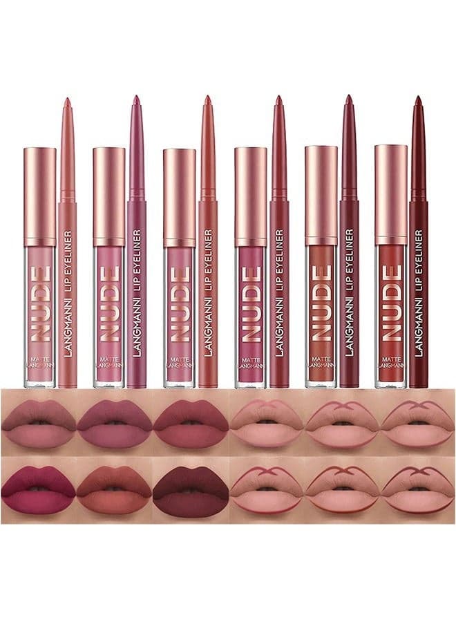 12Pcs Matte Liquid Lipstick + Lip Liner Pens Set, Velvety Nude Lip Stain Waterproof Long Wear Makeup Gift Set