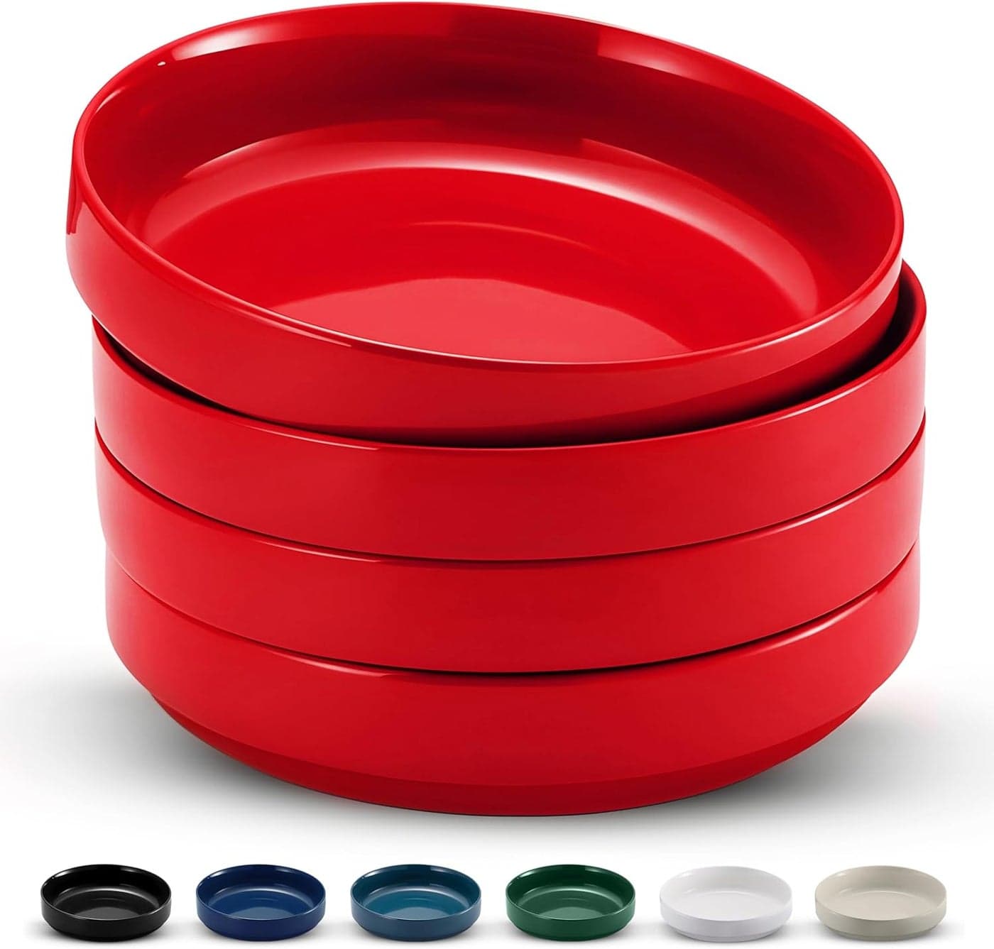 KooK Ceramic Large Pasta Bowls Microwave and Dishwasher Safe Great for Soups and Salads Shallow Serving Bowls Glossy Porcelain 47 oz Set of 4 Cherry Red