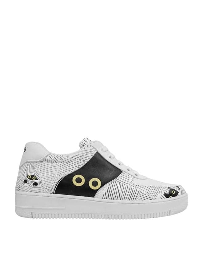 DOGO White Sneakers for Women - Handmade Women's Fashion Sneakers, Vegan Leather and Unique Design Dice Sneakers Black Cats Design, Size 8