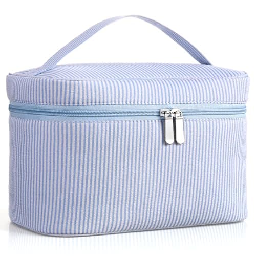 Huhumy Large Makeup Bag for Women Toiletry Bag Aesthetic Cute Seersucker Cosmetic Pouch Teen Gift for Her Mom Girlfriend Wife Teacher Aesthetic Skincare Brushes Storage OrganizerBlue