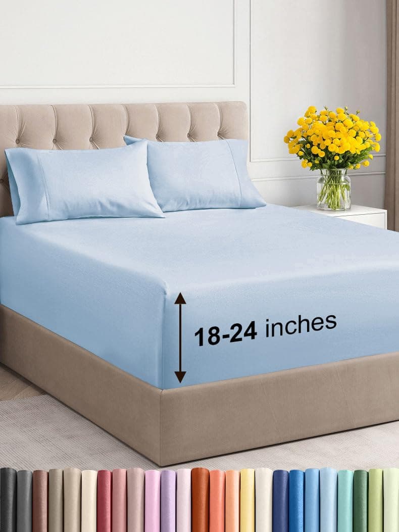 Extra Deep Pocket Queen Sheets 4 Piece Breathable Cooling Bed Sheets Hotel Luxury Bed Sheet Set Soft Wrinkle Free Comfy Easily Fits Extra Deep Mattresses Deep Pocket Sky Blue Sheets Set