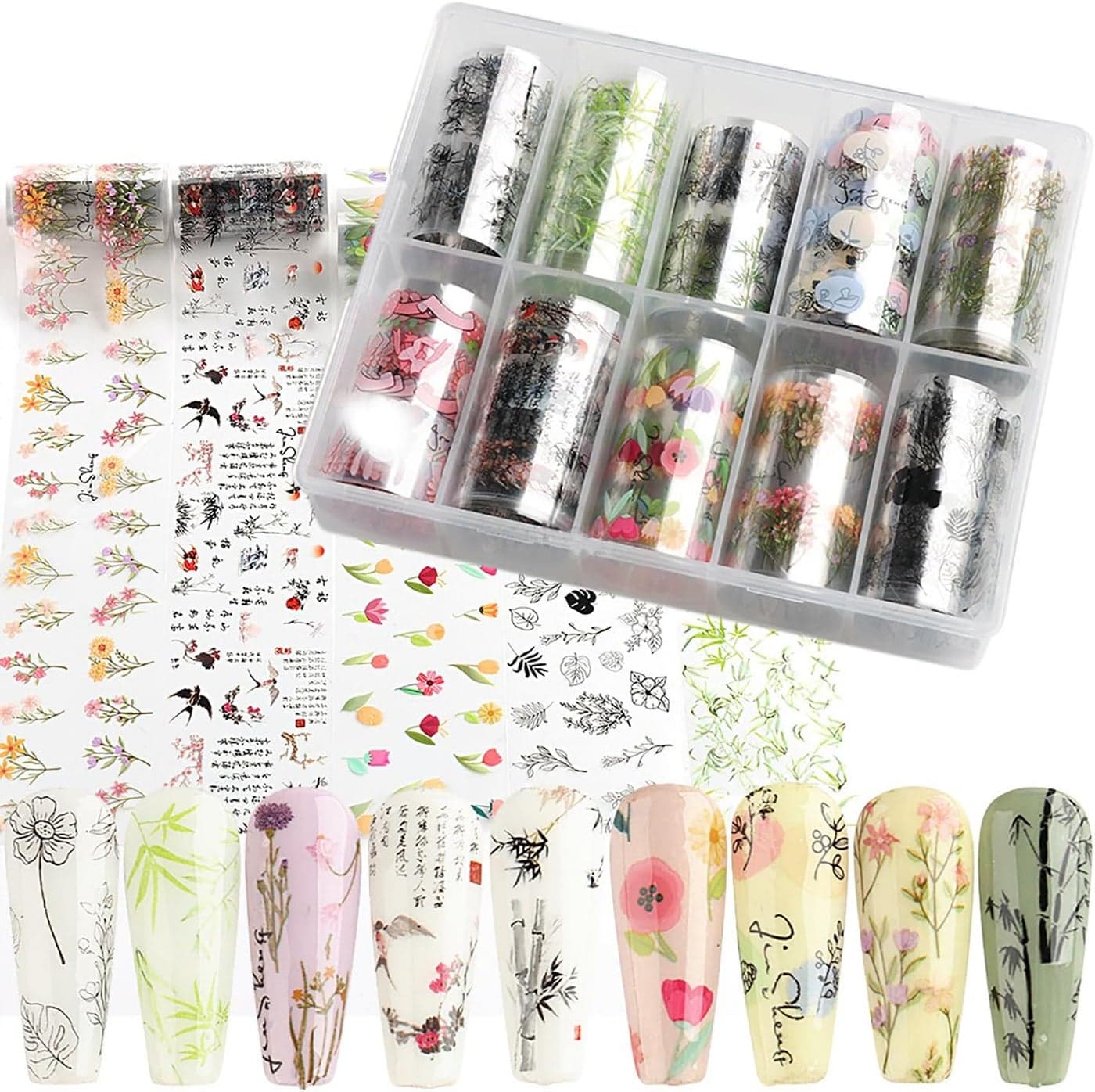 JERCLITY 10 Rolls Flower Nail Foil Transfer Sticker Kit Bamboo Ink Painting Pattern Nail Foil Sheets Foil Nail Art Decals Spring Nail Foil Transfer Stickers Foil Nail Wraps for Foil Nail Art
