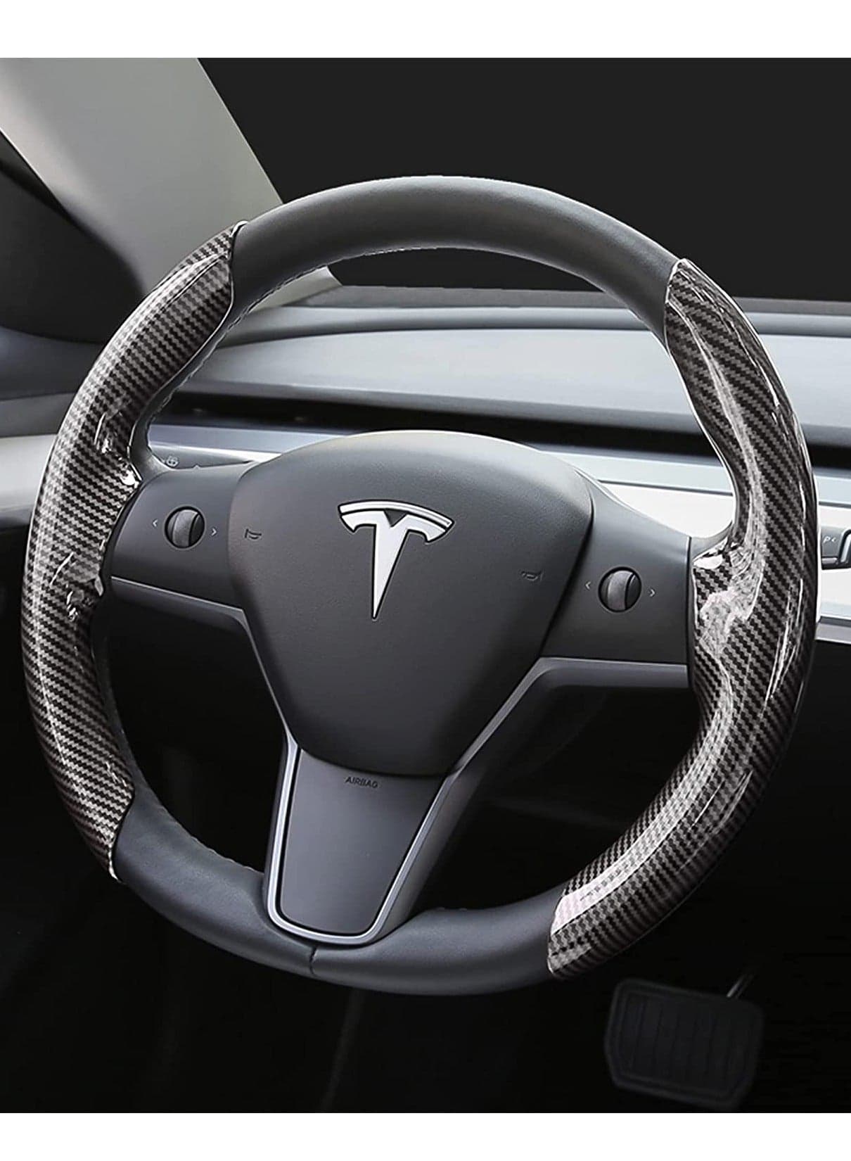 Car Carbon Fiber Steering Wheel Cover, Custom Fit for Tesla Model Y/3, Segmented Protector, Anti-Skid, Scratch-Resistant, Wear-Resistant (Black, 2PCS)